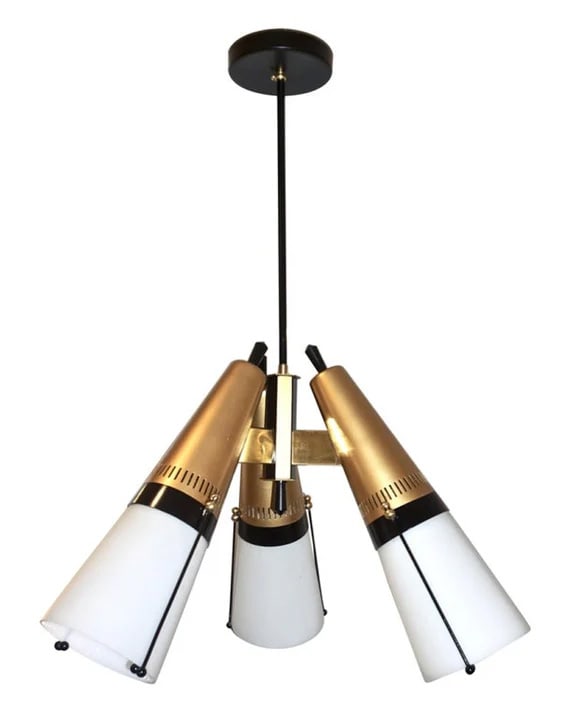 Torlasco 1950s Italian Vintage Brass 3-Light: Chandelier. A 1950s delightful 3-light modern design pendant chandelier attributed to the Italian designer Oscar Torlasco. Three cones in white glass, enclosing the light source and ending in a