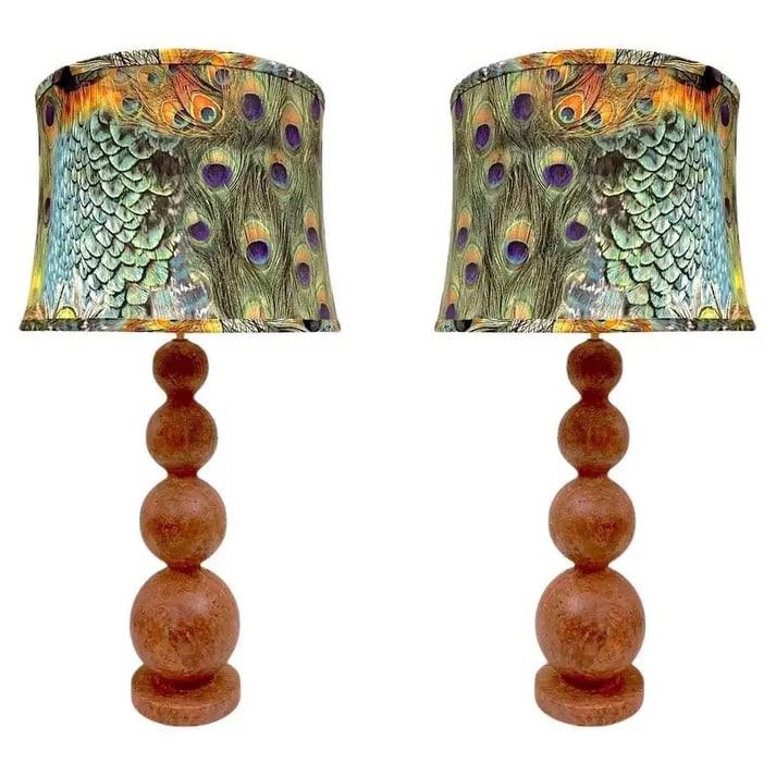 Italian Art Deco Style Pr of Red Travertine Sphere: Table Lamps with Peacock Shades. Contemporary Italian work, entirely handcrafted, in a variegated red Travertine stone, presenting earth colors: burnt orange terracotta, red-brown, with few yellow