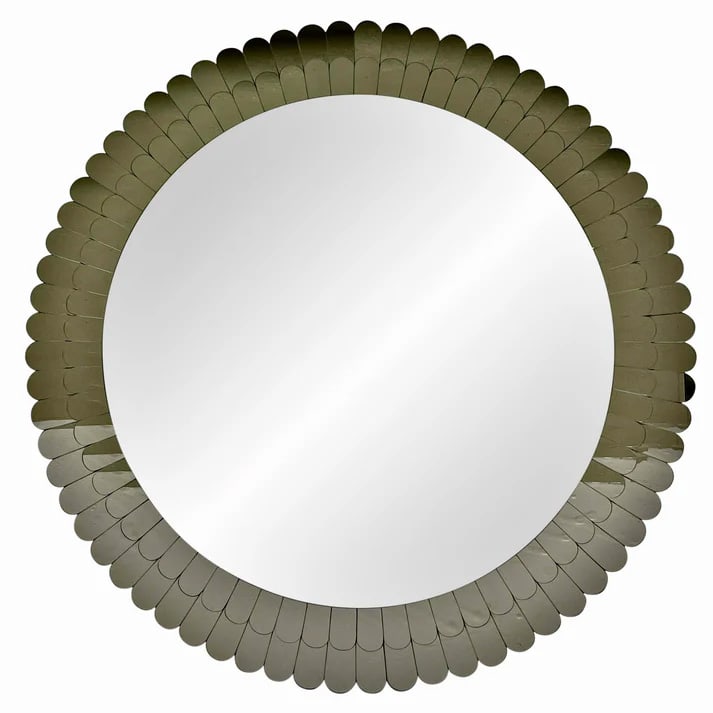 Italian Scalloped Double Frame Murano Glass: Mirror. Elegant bespoke sculpture mirror of large round shape, entirely handcrafted in Italy, highest quality of construction and attention to details: the scalloped double frame in smoked bronze
