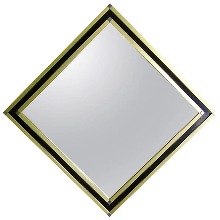 Mario Sabot Italian 1970s Modern Brass and Black: Mirror. Mid century modern rare mirror by the Italian Company Mario Sabot, where the refined design is centered on the square shape.This geometric piece is entirely handcrafted with double bronze
