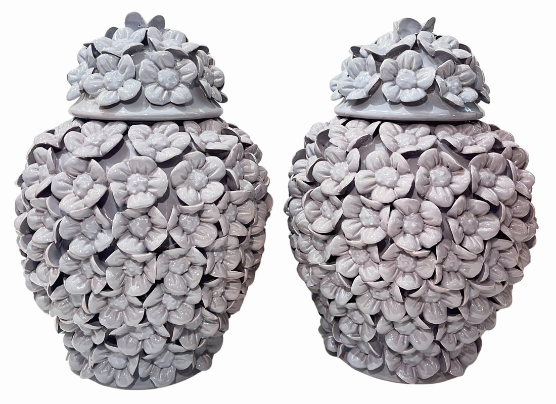 2000s Italian Pair of Sculptural Ceramic Lavender: Lidded Vases. 2000s Italian Sculptural Ceramic Lavender Flower Pattern Vase with Lid, extensively covered in flowers in relief and tinted with a sophisticated pale shade of very light purple,