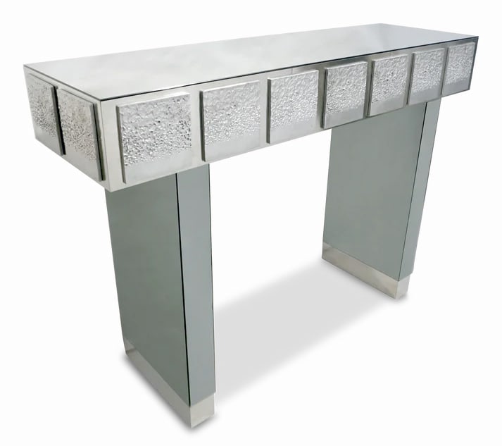 Bespoke Italian Contemporary Polished Steel and: and Smoked Glass Console. Contemporary Minimalist sculpture console of unique design, entirely hand made in Italy, the wood structure is covered in sophisticated beveled smoked mirror, the clean