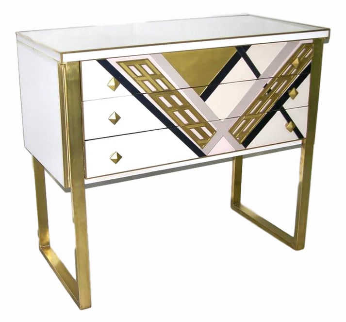 1990s Italian Unique White Black and Gold Chest or: or Sideboard on Brass Legs. One-of-a-kind modern three-drawer sideboard or console, entirely handmade in Italy, very attractive post-modern design, the surround in ivory white glass is also finished