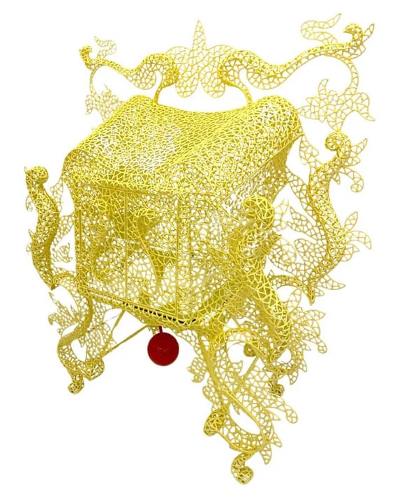 1990s Spazzapan Italian Pop Art Yellow Cabinet.: A unique and rare yellow cabinet by the artist Spazzapan, entirely handmade, ideal also for the exterior. The handcrafted structure is created with hand-welded thin iron tubes, cold painted in color.