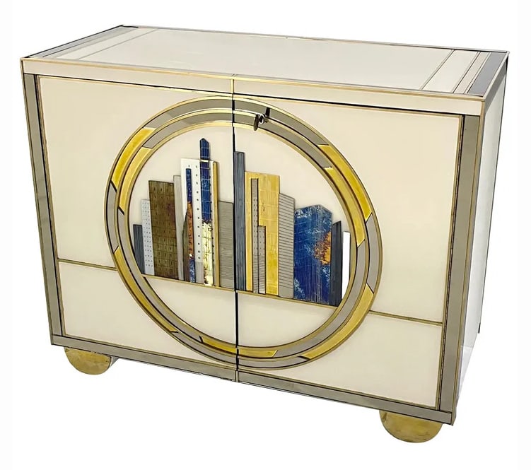Italian Bespoke Modern Cabinet with NYC Skyline.: Italian fine design one-of-a-kind modern cabinet, entirely handcrafted with detailed execution. The surround is in cream white glass, highlighted with mirrored frames, each cabinet decorated with an e