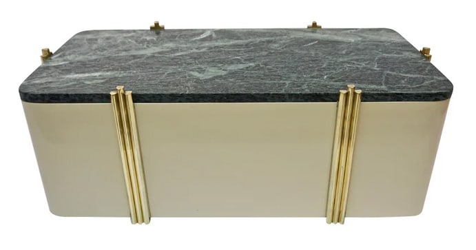 1970s Art Deco Design Green Marble & Cream Table: or Bench. A very interesting and rare Italian modern sofa table on brass casters, of Art Deco Design, entirely hand-crafted in ivory white lacquered wood topped with green Italian Verde Issorie marble