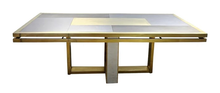 Sinopoli 1970s Italian Brass Satin & Chrome: Geometric Dining Table. Vintage one-of-a-kind Italian large dining, conference or hall table, exclusive sleek linear design by Giacomo Sinopoli, made by Liwan's, a Roman manufacturer, as described in