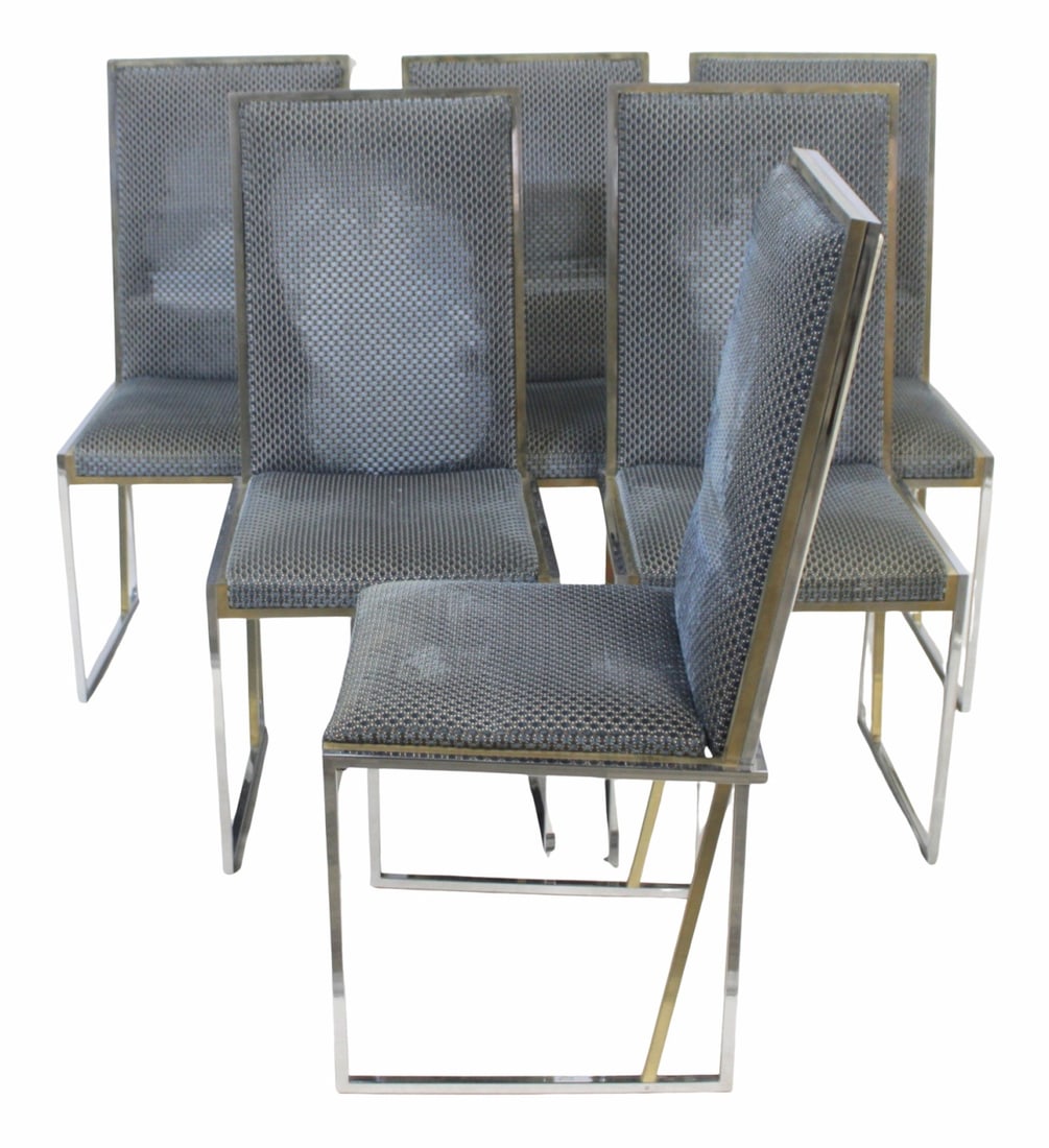 Liwan's 1970s Italian 6 Brass & Chrome Modern: Chairs. From the curated 40+ year collection of Cosulich Interiors and Antiques. - Dimensions: 38"x17"x18"
