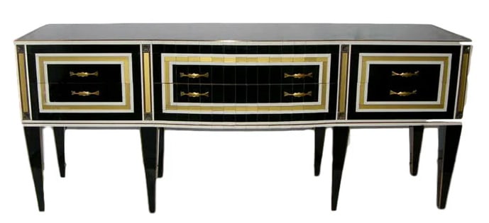 1950s Italian Art Deco Style Black Glass Sideboard: One-of-a-kind Italian sideboard of Art Deco Design, the whole surround in opaline black glass with so many quality details, exquisite craftsmanship and original hardware. This piece is whole brass edg