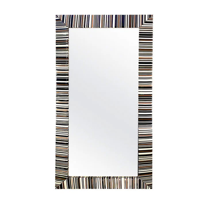 Contemporary Italian Black White Copper Geometric: Murano Glass Modern Mirror. A contemporary Murano glass creation, this rectangular wall mirror is entirely handcrafted with the fusion technique in 3 glass colors: black, white, and aventurine (a diff