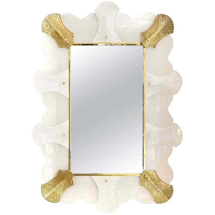 Bespoke Italian Art Deco Style Curved Leaf Murano: Glass and Brass Mirror. enetian contemporary Couture design rectangular wall mirror, custom made in Italy, framed with a thick border in Art Deco Design, composed of high quality blown Murano art glas
