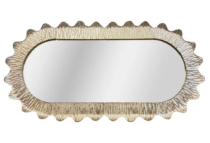 Modern Italian Art Deco Style Curved Murano Glass: Mirror. This handcrafted Venetian mirror with a ruffled organic curved frame in blown Murano glass, made in Italy, is worked with crystal glass in a champagne tint that is decorated on reverse with pu