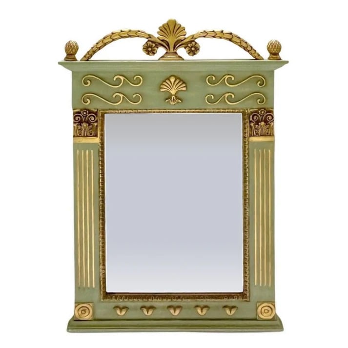 1970s Vintage Provincial French Deco Parcel-Gilt: Trumeau Mirror. A very French decorative trumeau mirror, in a Napoleon chartreuse green painted wood, with extensive gold accents and decorative carvings: fluted sides, the nicely beveled plate framed