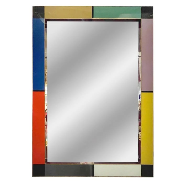 Bespoke Italian Mondrian Decor Multi-Color Mirror.: This one-of-a-kind mirror is a true work of art, meticulously handcrafted and custom-made in Italy with the utmost attention to detail. The 3D pop out frame, encased in brass, features a stunning geom