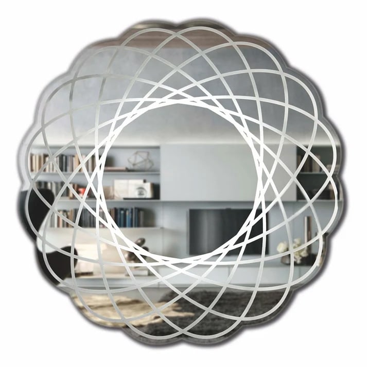 Contemporary Italian Organic Modern Lace Mirror.: Contemporary Minimalist wall lighting flat mirror, entirely handcrafted in glass in Italy, with frosted scalloped edge. The mirror plate is lasered decorated on reverse with a transparent openwork lac