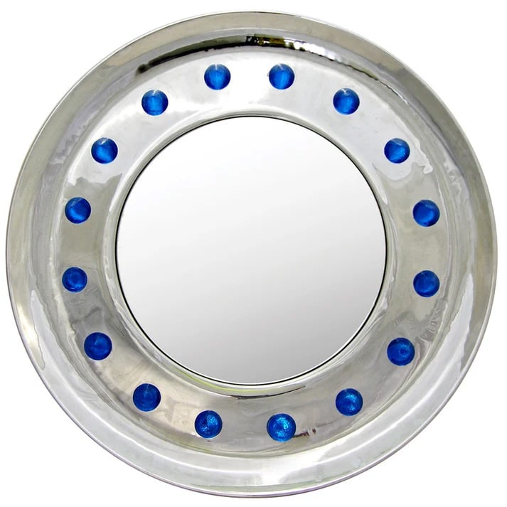 Contemporary Italian Modern Chromed Round Mirror.: talian contemporary round mirror with turquoise blue Murano glass cone accents. Entirely handmade, with high quality of execution and materials, the frame is in brass with a perfect mirror like nickel