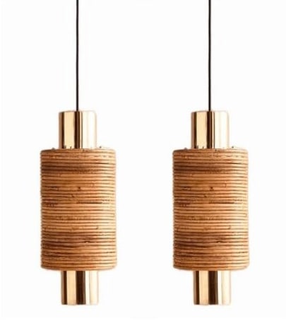 Pair of Italian Rattan Brass Pendants/Chandeliers.: A modern organic light source that brings an earthy vibe to any space with a warm modern minimalist design. This pendant, ideal in a group or as a spot over a bedside table or kitchen island and in a
