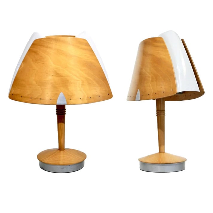 1970 French Pair of Birch Wood and Acrylic Table: Lamps. very attractive French Mid-Century Modern design vintage lamps, custom made in an organic Scandinavian style by the brand Lucid for the Hilton Hotel in Barcelona, Spain.The plastic plexiglass s