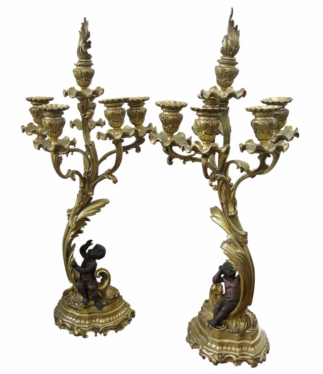 1870s Antique French Pair of Napoleon III Bronze: and Ormolu Candelabra. Napoleon III pair of bronze and ormolu candelabra, superb quality for the six branches of Grand Design with acanthus motif supported by a center column decorated with individual