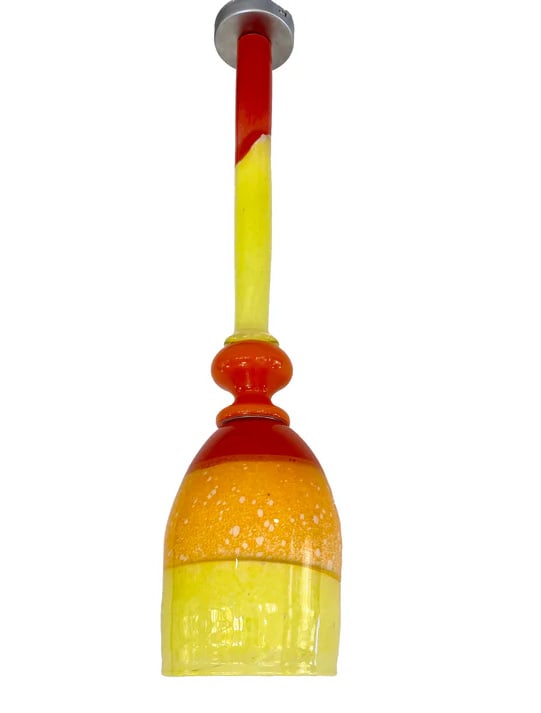 Contemporary Bespoke Italian Murano Glass Pendant: Light. Fun and elegant Italian contemporary custom-made chandelier pendant light, entirely handmade, of organic modern design consisting of a blown Murano glass shade in 3 colors: red, yellow, and ora