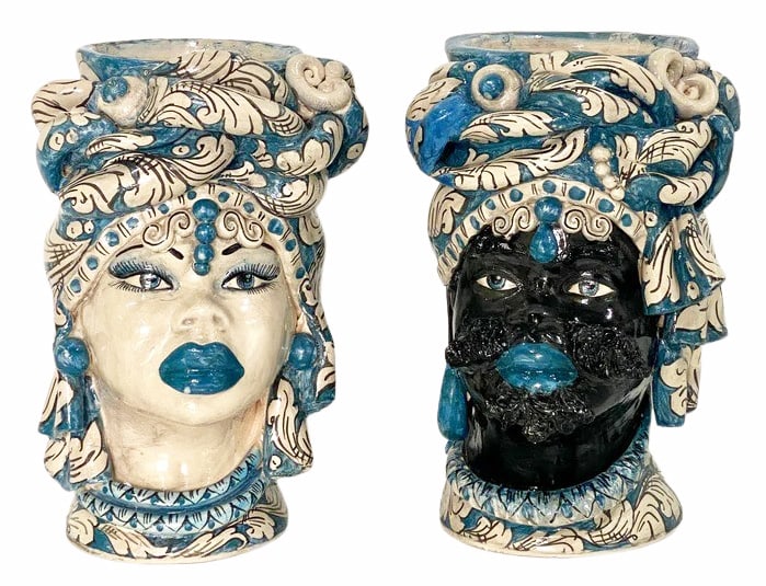 Vintage Italian Signed Moorish Figural Vases.: A 1980s exceptional pair of one-of-a-kind hand-sculpted and hand-painted ceramic Moorish head vases by Germano Caltagirone, a renowned ceramic master from Caltagirone, Sicily, a UNESCO World Heritage
