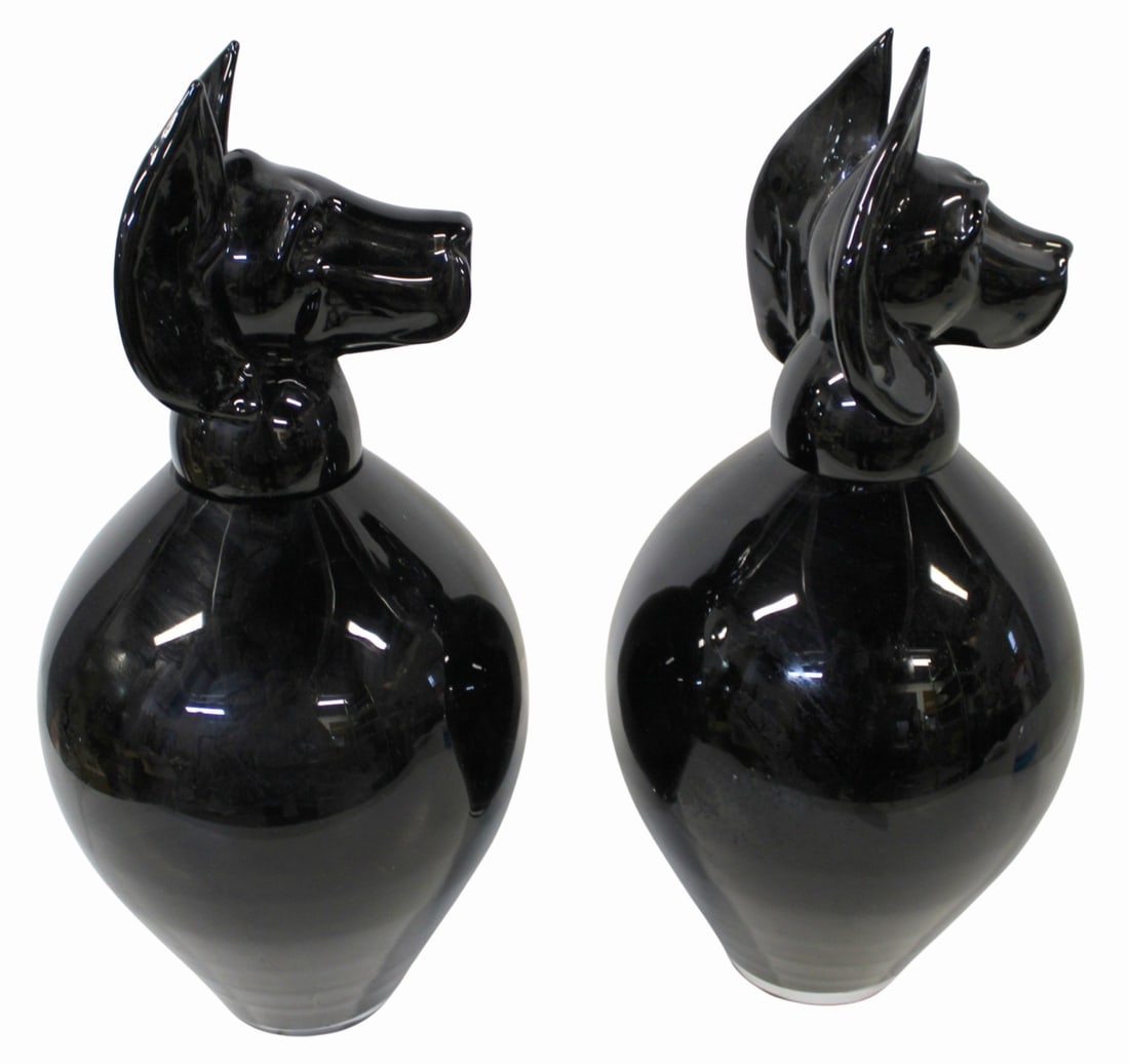 Pair of Black Murano Glass Dog Form Lidded Jars. (1 of 7)