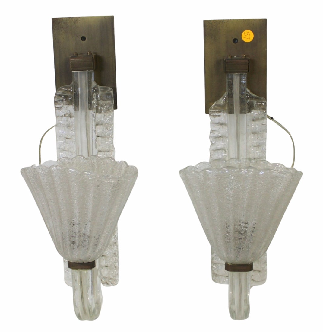 Midcentury Pair of Murano Glass Sconces.: From the curated 40+ year collection of Cosulich Interiors and Antiques. Dimensions: 19" x 7.5". - Dimensions: 19" x 7.5"