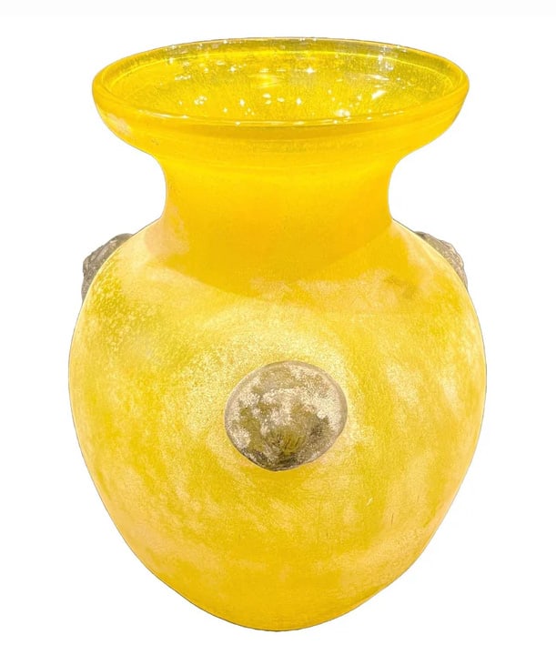 Seguso Style Italian Art Deco Style Scavo Murano: Glass Vase. An Italian mid-century modern organic Murano glass vase, attributed to Seguso, with Florentine neoclassical style, adorned with 3 brown glass escutcheons in relief with the typical shape o