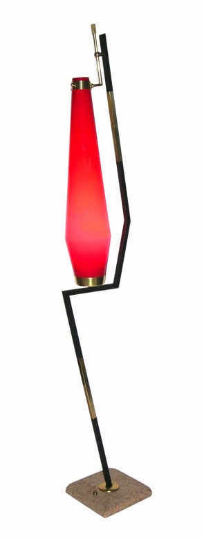 Stilnovo 1950s Italian Floor Lamp with Vistosi: Red Murano Glass Shade. A very rare Italian floor lamp by Stilnovo of unique modern design, the red blown Murano glass shade by Vistosi, overlaid in white to intensify the light, has an enticing conic