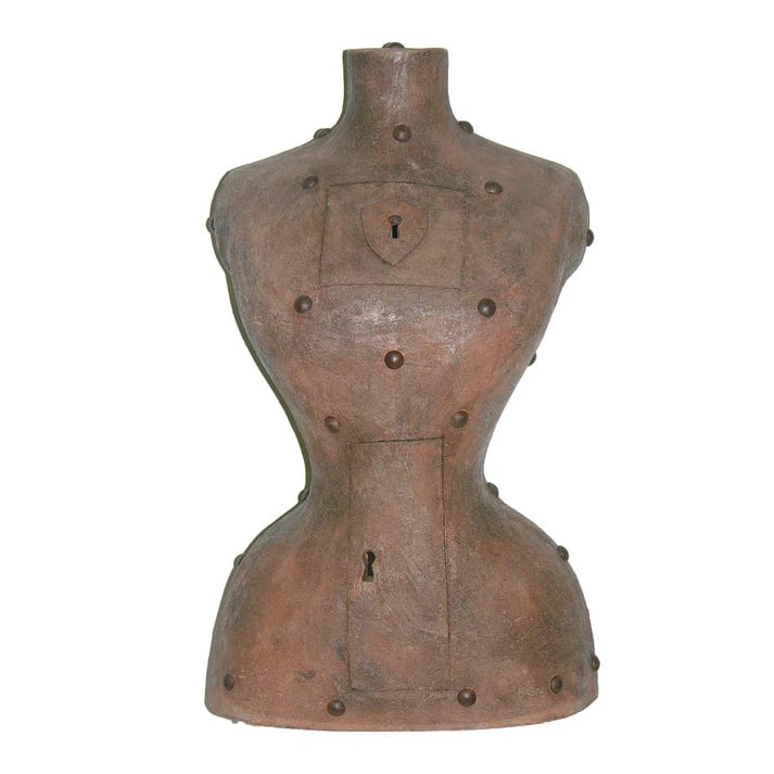 Contemporary Italian Sculpture of a Modern Bust.: An exclusive organic contemporary work of Art by the Italian artist Ginestroni. A modern couture bust in terra cotta exceptionally crafted with a finish that emulates metal, embellished with real iron