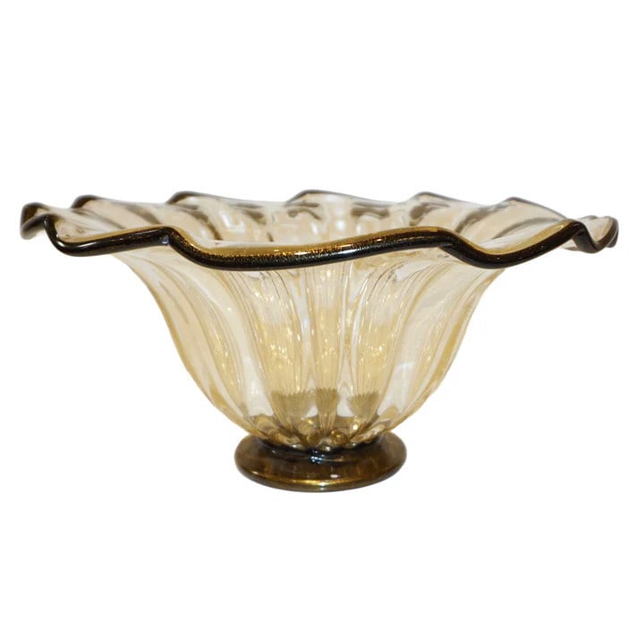Italian Gold Dust Crystal Murano Glass Bowl with: Black Rim. A Studio Art Glass modern centerpiece in blown Murano glass signed Alberto Donà Murano. The organic body in crystal Murano Glass is extensively worked with pure 24kt gold and expertl