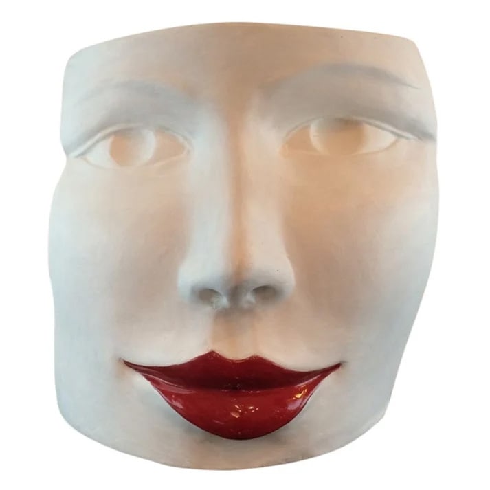 "Red Lips Face" Terra Cotta Sculpture, Ginestroni.: Sculpture in handcrafted terra cotta, fired painted and decorated, definitely with humor by the Italian artist Ginestroni, whose work has been exhibited in the Chianti Sculpture Park in Italy. This in