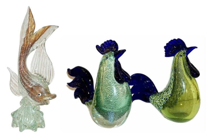 Collection of Murano Glass Figural Sculptures.: Includes a 1980s Pair of Italian Vintage Silver Navy Blue Green Murano Art Glass Hen Bird Sculptures. Attributed to Archimede Seguso Pair of Italian Mid-Century Modern Design blown Murano glass rooste