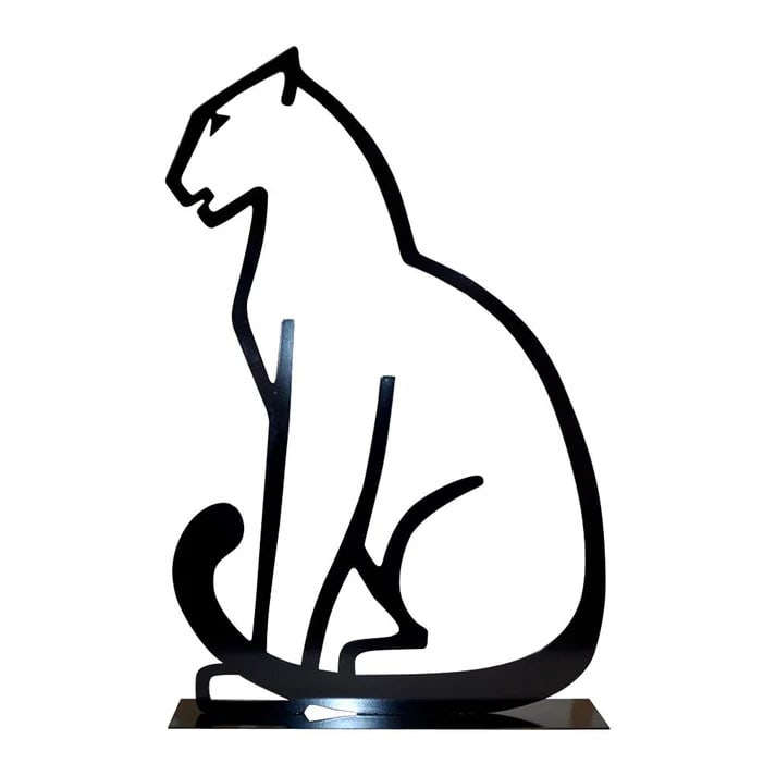 Minimalist Metal Sculpture of a Panther.: A chic decorative tall metal cut sculpture of organic modern design, depicting a Minimalist panther silhouette, in black lacquered iron, supported by a geometric base. The fine open design creates pla