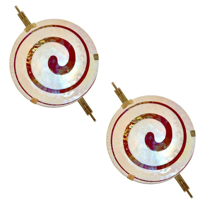 Pair of Art Deco Style Murano Glass Wall Lights.: A striking unique pair of large size organic lit sculptures with an Art Deco flair, that can be used as wall decoration, sconces or flush mount ceiling lights. The shield shaped Work of Art is compose