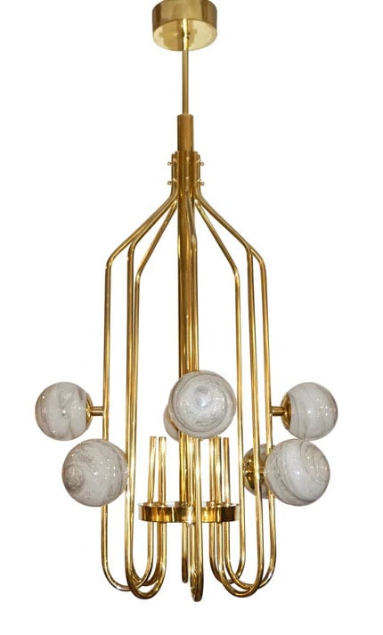 Bespoke Italian Murano Glass Brass Chandelier: A contemporary innovative custom modern chandelier, entirely handcrafted in Italy, a reinterpretation of neoclassical lines as an architectural innovation. The handmade geometric cylinder brass struct