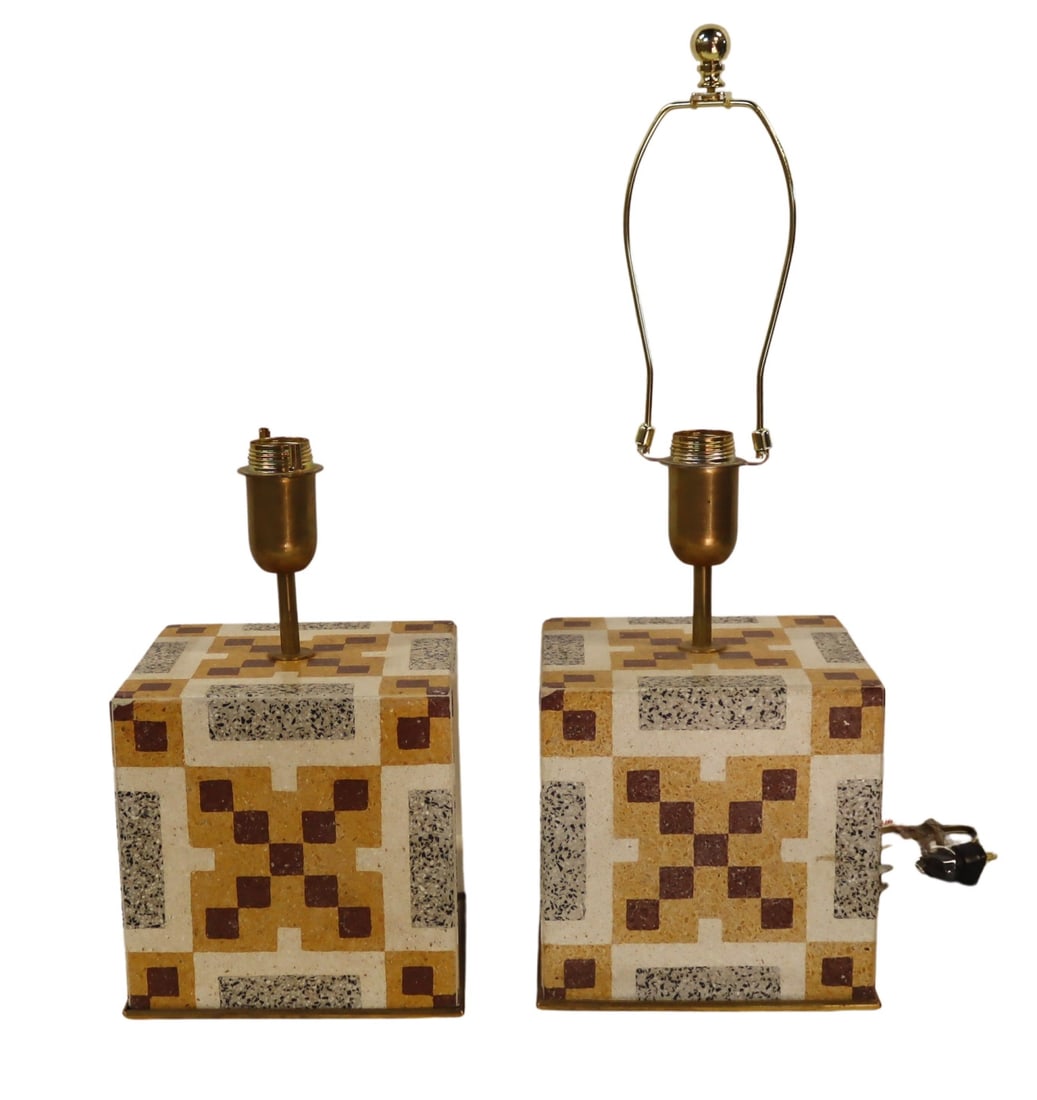 Pair of 1960's Italian Mosaic Cement Tile Cube: Lamps. From the curated 40+ year collection of Cosulich Interiors and Antiques. Dimensions: 8" x 8" x 8" excluding lamp harp and hardware.