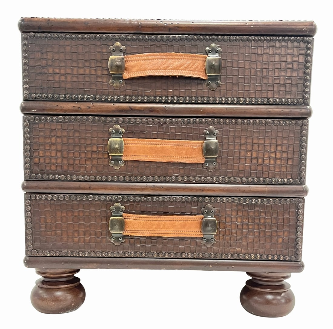 3-Drawer Circa 1950s American Woven Leather Chest.: Nice quality with basket weave style pattern, 3 drawers and raised on bunn feet. From the curated 40+ year collection of Cosulich Interiors and Antiques. Dimensions: 23.5" x 24" x