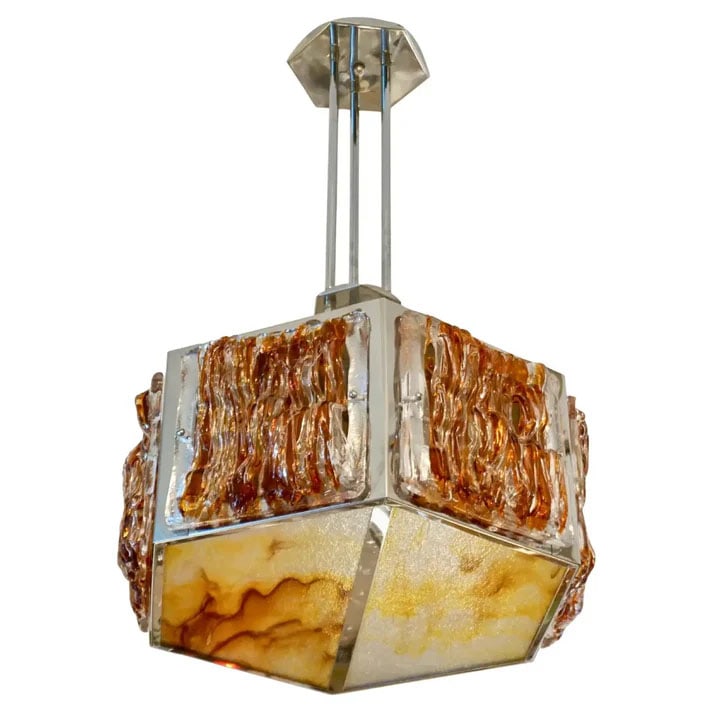 1970 Mazzega Crystal Murano Drum Chandelier: A rare Italian Design Mid-Century Modern chandelier by Mazzega, the nickel structure has a geometric hexagonal shape, repeated in the canopies, with 6 airy organic side panels in crystal clear and