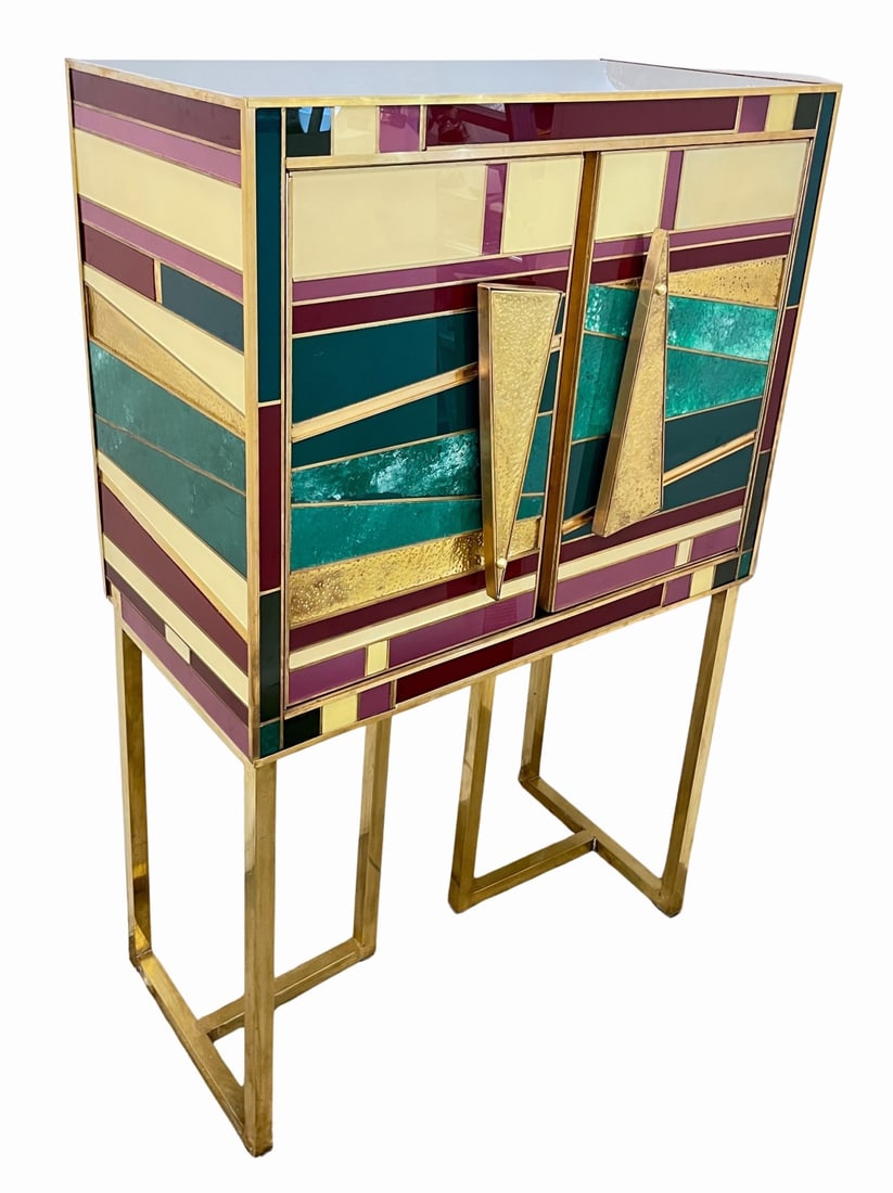 1980s Post Modern Italian Cream Emerald Green Wine: Cabinet. One-of-a-kind Italian cabinet, crafted in the early 1980s, exemplifies the refined experimentation of postmodern Italian design. Entirely hand-crafted in Italy, the cabinet features a