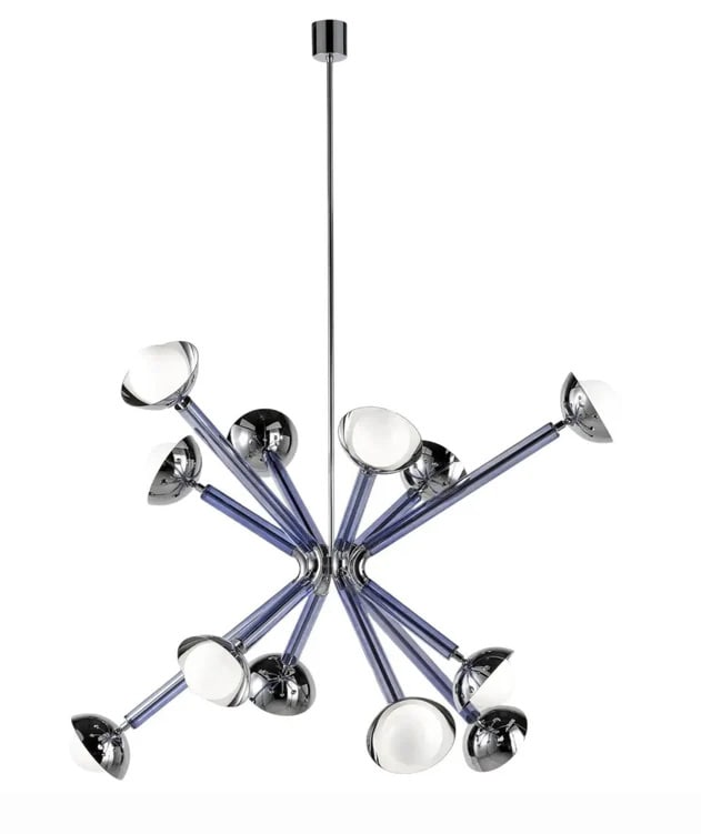 Contemporary Italian 12-Light Modern Sputnik: Chandelier. This chandelier, called Stimma, designed and entirely crafted in Italy, doesn't come from an atomic inspiration but a naturalistic interpretation. The central round core supports 12 juttin