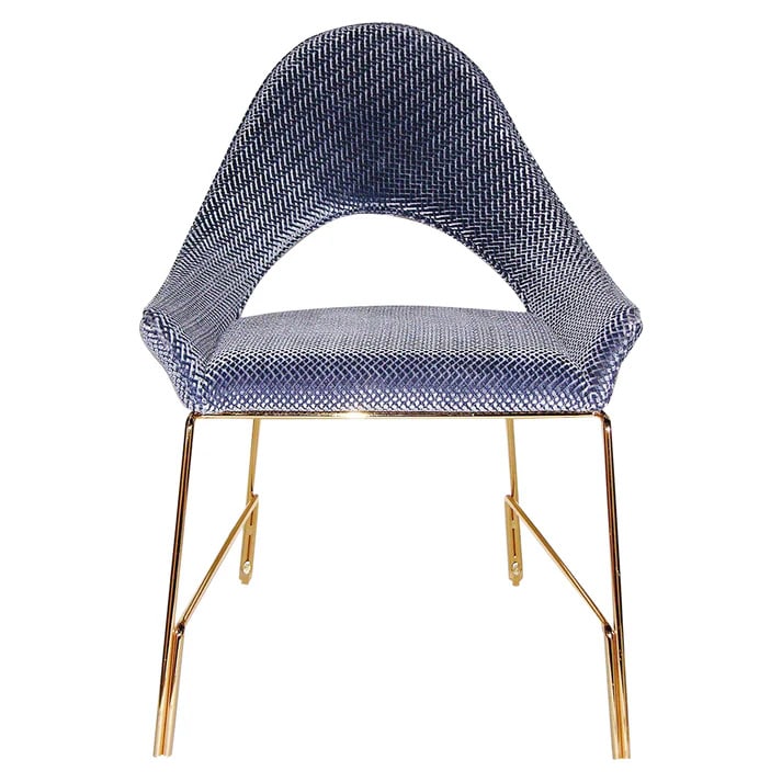 Smania Italian Modern Prototype Brass and Blue: Armchair. This chair is an Italian one of a kind prototype, never put in production, signed by the company Smania with a great embracing line. The design of the gently curved open back gives attitude