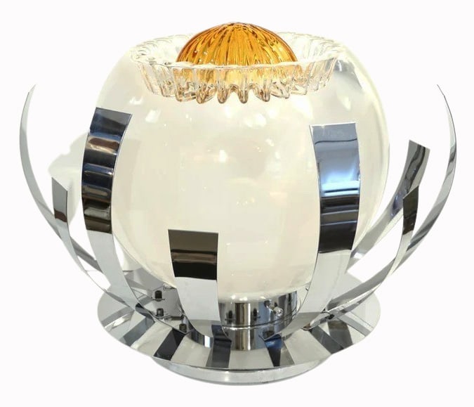 Mazzega 1960s Nickel Murano Art Glass Flower Lamp.: A vintage organic table lamp by Mazzega, entirely handcrafted in Italy, in the shape of a flower. The globe in blown crystal Murano glass with white Murrina is decorated with a central reeded amber
