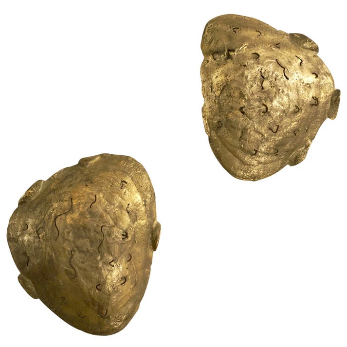 Italian Design Contemporary Pair of Brutalist: Wall Lights. Italian pair of custom design sconces, lighted abstract sculptures entirely cast in bronze, presenting a very interesting Brutalist shield-shape front plaque enclosing a light source