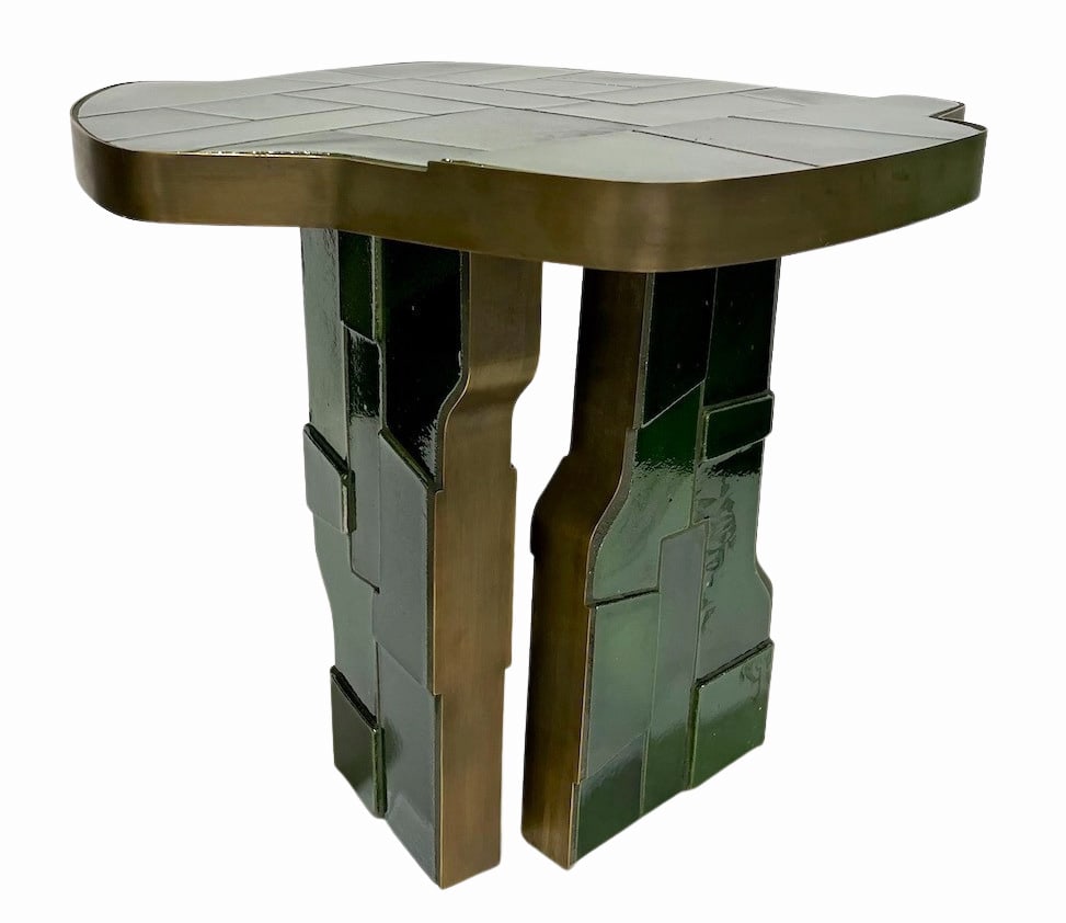 Italian Deconstructed Japanese Style Green Ceramic: Bronze Table. In the Raku technique. From the curated 40+ year collection of Cosulich Interiors and Antiques. Dimensions: 20.5" H x 22" W x 22" D.