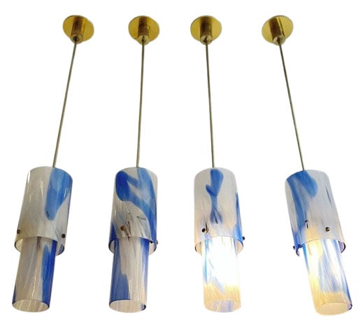 (4) 1960s Venini White Blue Murano Glass Pendants: Rare, unique pair of Venini pendant lights, dating from the 1960s, represents the highest level of Italian Mid-Century Murano glass craftsmanship. These are entirely hand-blown in Venice, each