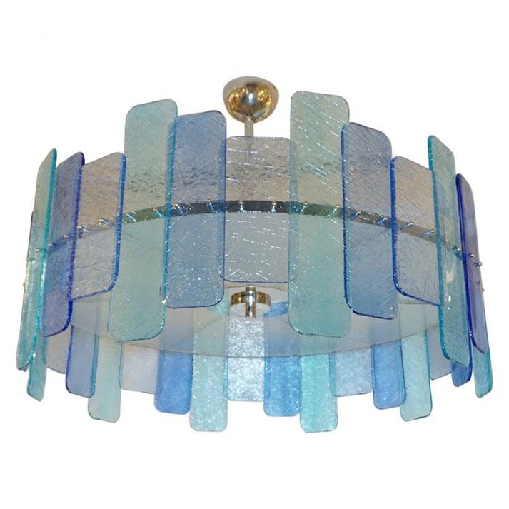 Italian Aquamarine, Cobalt Murano Glass Chandelier: Italian modern chandelier with Art Deco Design, entirely handcrafted in Italy, customizable as flushmounts or pendants with different glass colors and finishes, here with a nickel structure in a geome