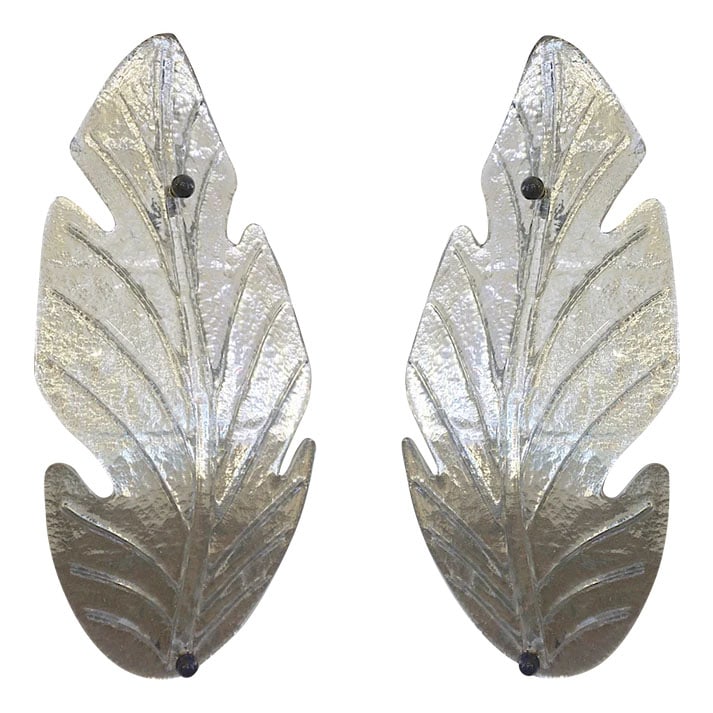 1980 Italian Pair of Murano Glass Leaf Sconces: 1980 Italian Vintage Nickel Pair of Tall Silver Color Murano Glass Leaf Sconces. Vintage organic modern pair of huge Venetian leaf-shape Murano glass wall lights with Art Deco Design, stunning large s