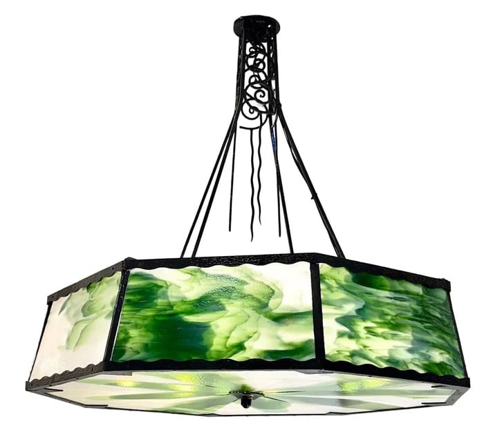 1930s Italian Art Deco Murano Glass Black Iron: Chandelier. Entirely handmade, one-of-a-kind chandelier from the Italian late Art Deco period, featuring an octagonal, black lacquer hammered wrought iron frame of exceptional craftsmanship, adorned w