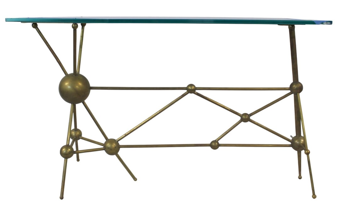 Italian Modern Atomic Planet Design Slim Console: Table As Is . Early 21st century slim design, an atomic console entirely hand-crafted in Italy, ensuring uniqueness and artisanal quality. The base is hand sculpted from polished brass, featuring a ge
